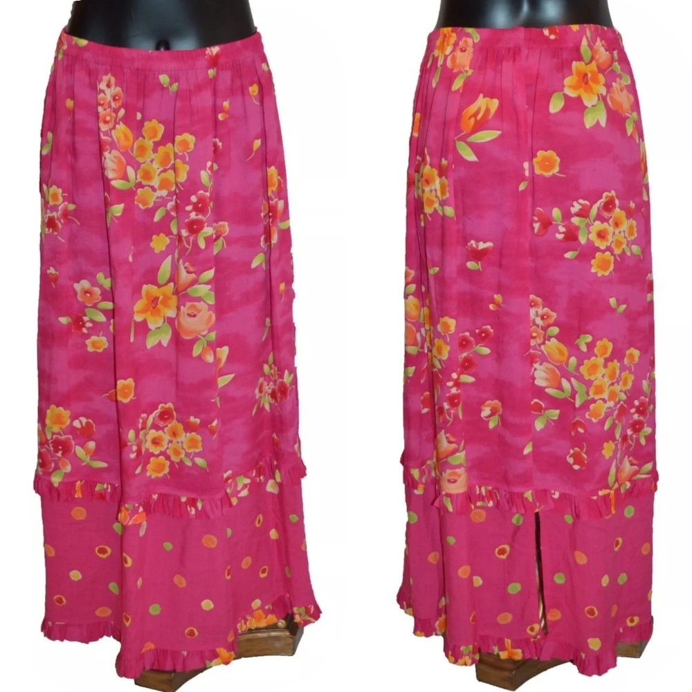 Cactus Flower Vintage 80s Pink Floral Print Tropical Look Long Skirt XL